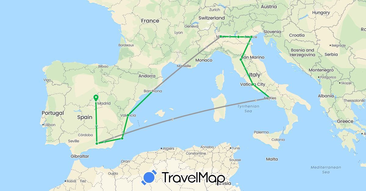 TravelMap itinerary: driving, bus, plane in Spain, Italy (Europe)